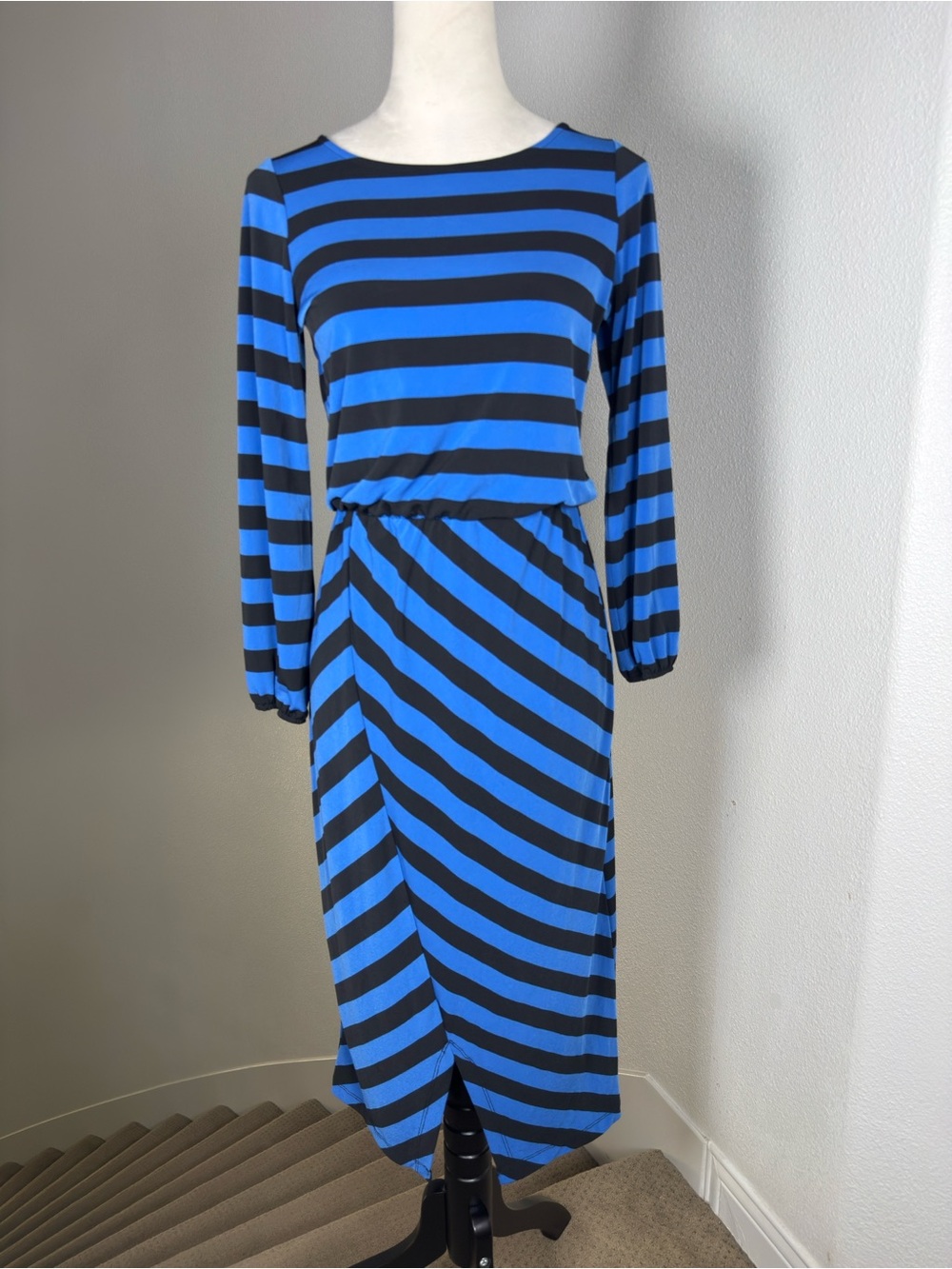Leota Blue and Black Striped Long Sleeve Midi Dress
